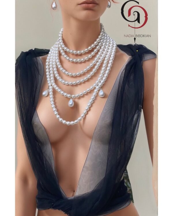 Six layer bridal pearl necklace with three large teardrop pearls statement bridal necklace