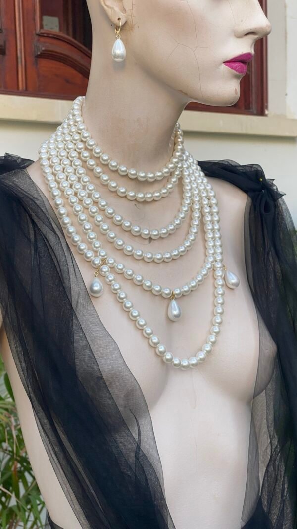 Six layer bridal pearl necklace with three large teardrop pearls statement bridal necklace - Image 4