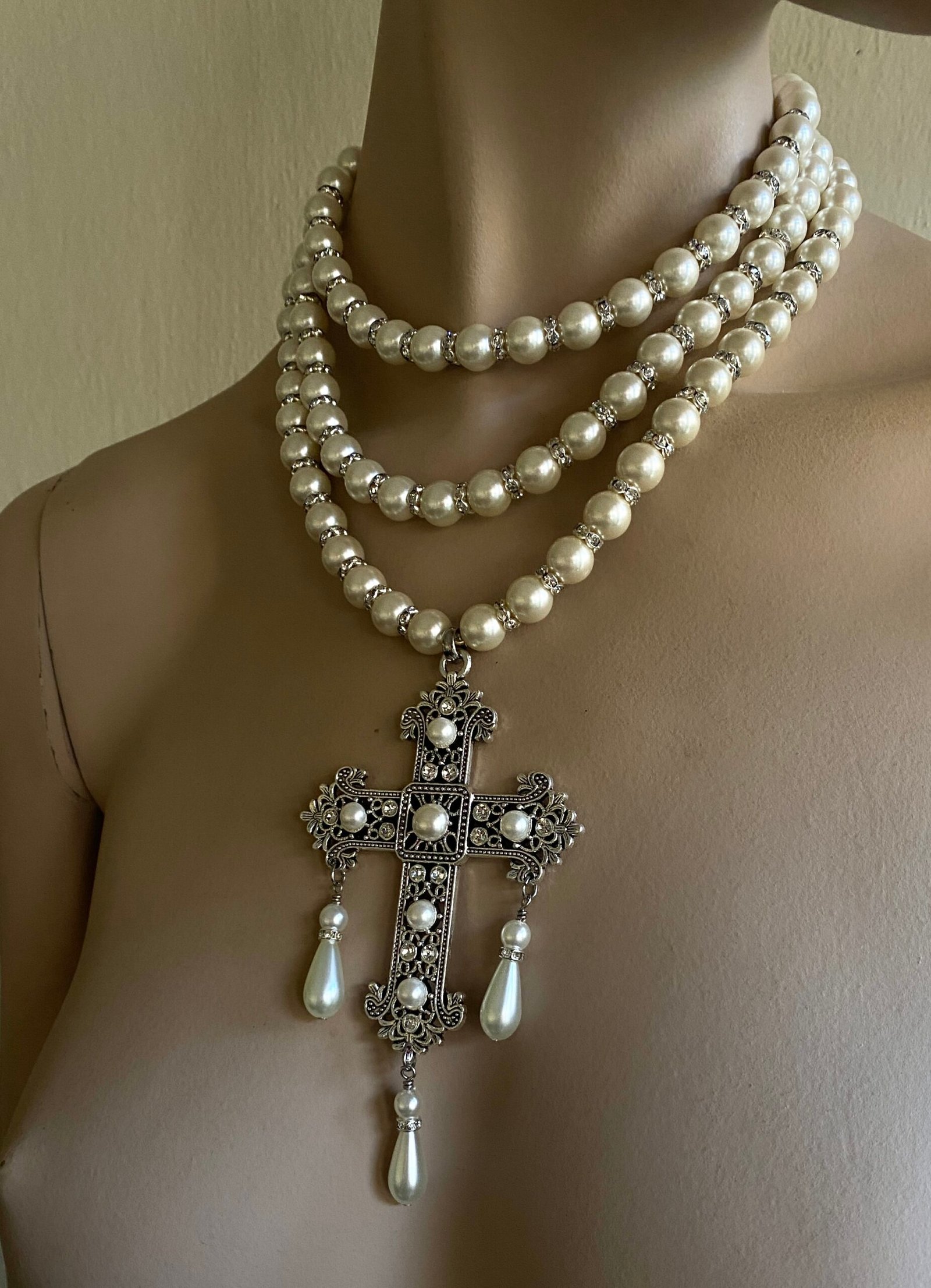 multi layer pearl necklace with gold cross pendant crystal spacers - Image 2