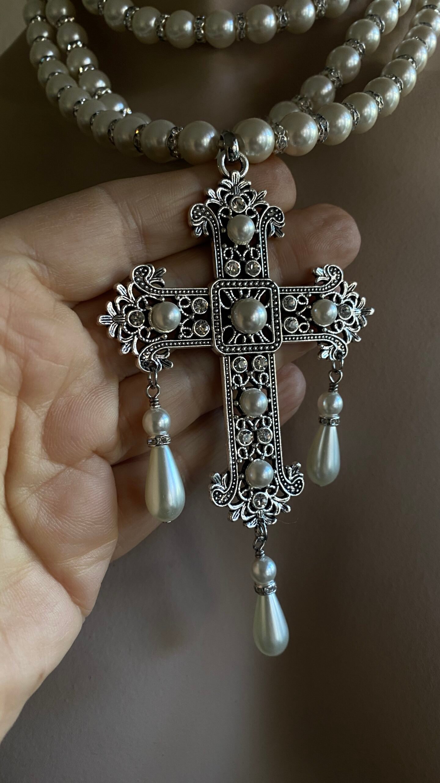 multi layer pearl necklace with gold cross pendant crystal spacers - Image 3