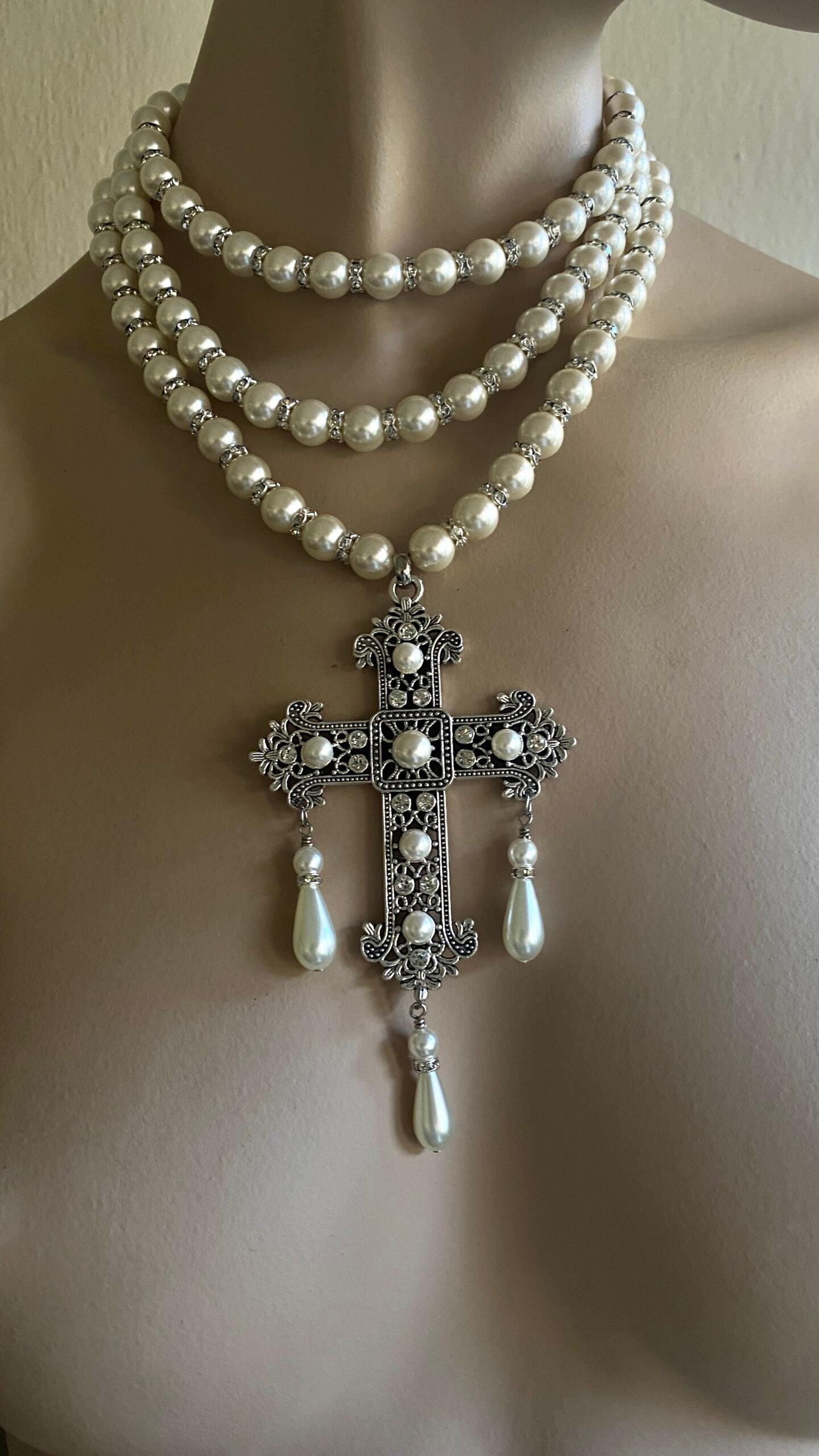 multi layer pearl necklace with gold cross pendant crystal spacers - Image 4