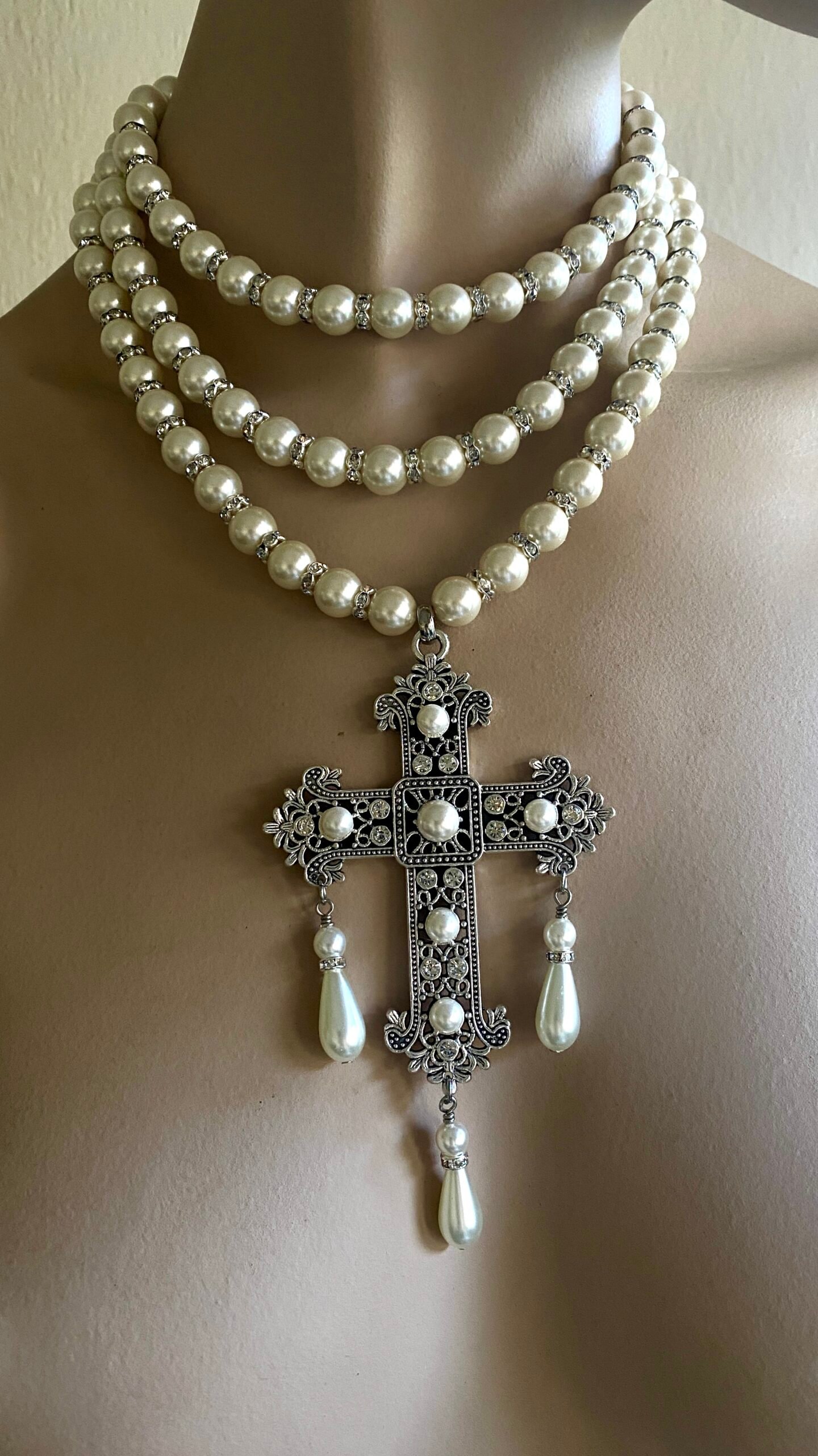 multi layer pearl necklace with gold cross pendant crystal spacers - Image 5