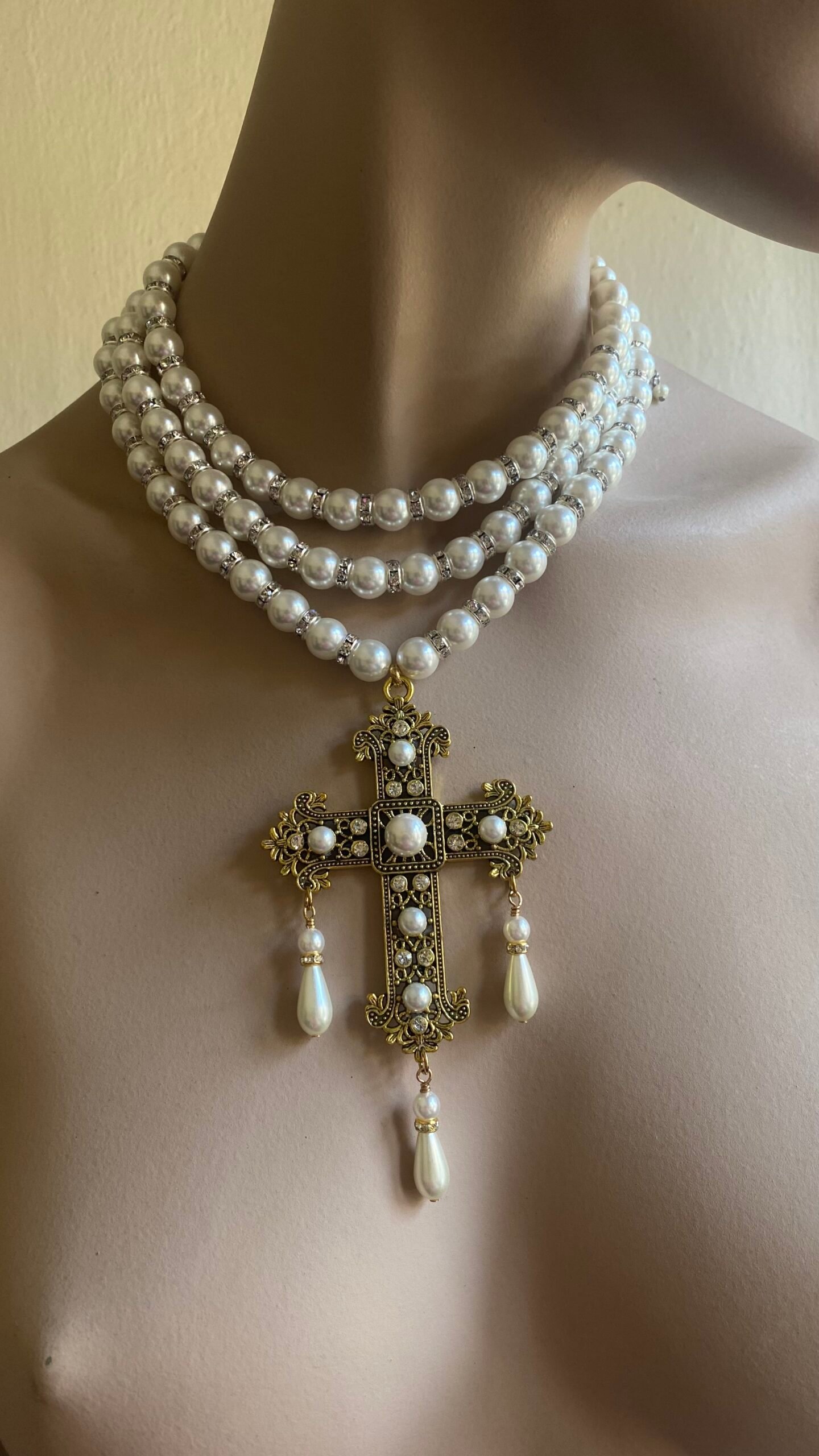 multi layer pearl necklace with gold cross pendant crystal spacers - Image 6