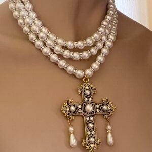 multi layer pearl necklace with gold cross pendant crystal spacers