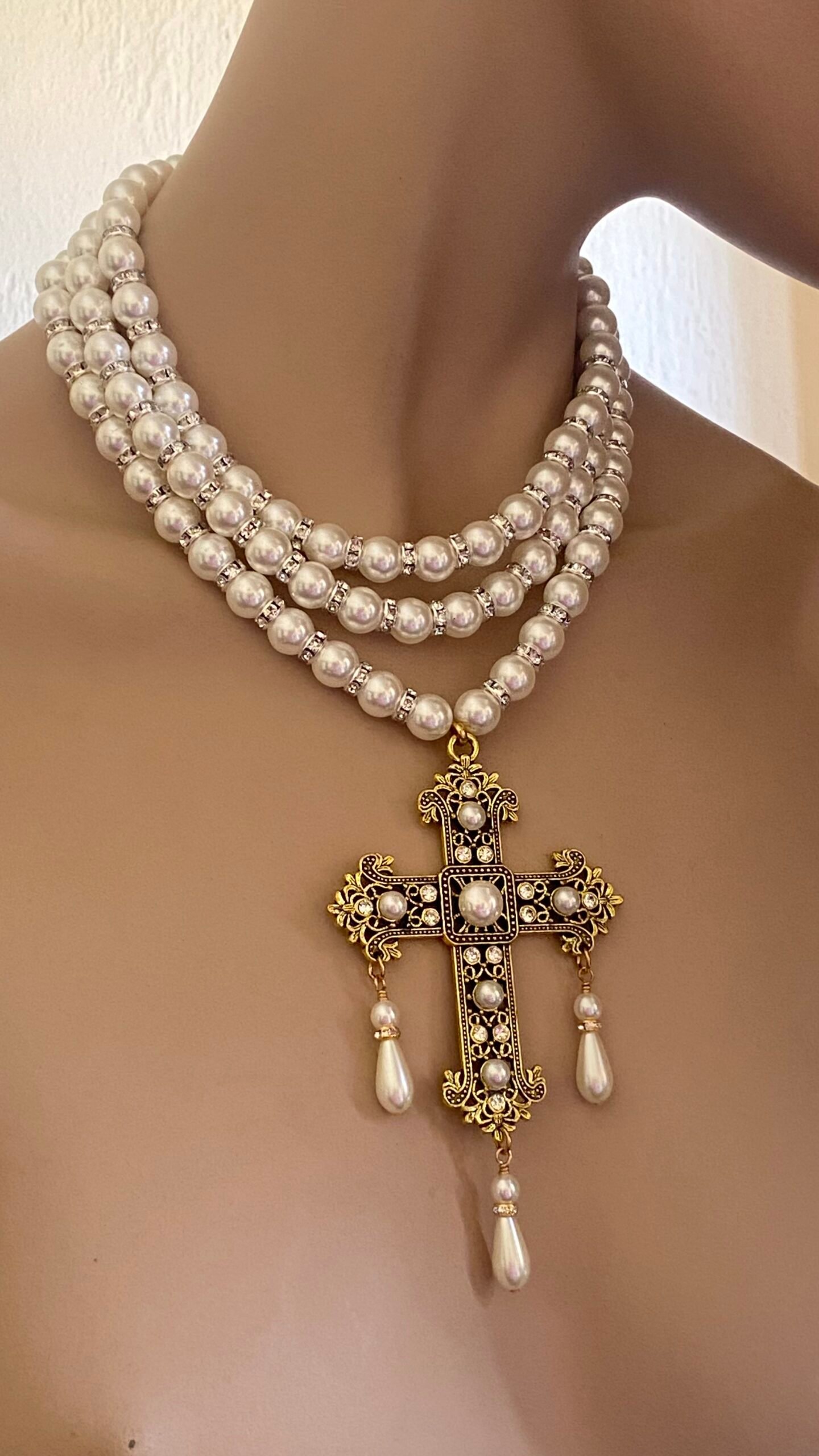 multi layer pearl necklace with gold cross pendant crystal spacers